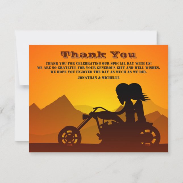 Motorcycle Couple Mountain Sunset/Sunrise Wedding Thank You Card (Front)