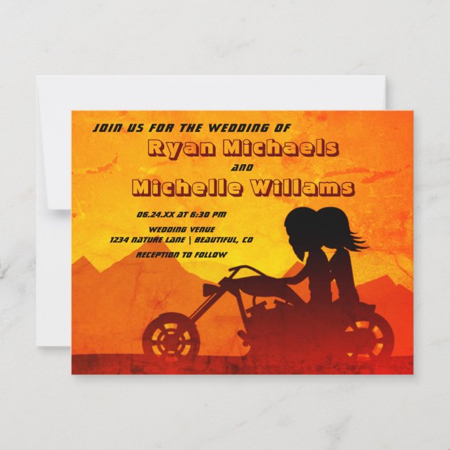 Motorcycle Couple Mountain Sunset Wedding Invitation (Front)