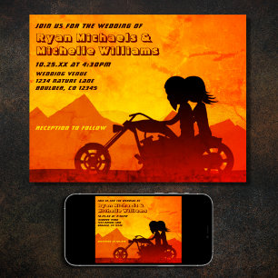 Motorcycle Couple Mountain Sunset Wedding Invitation