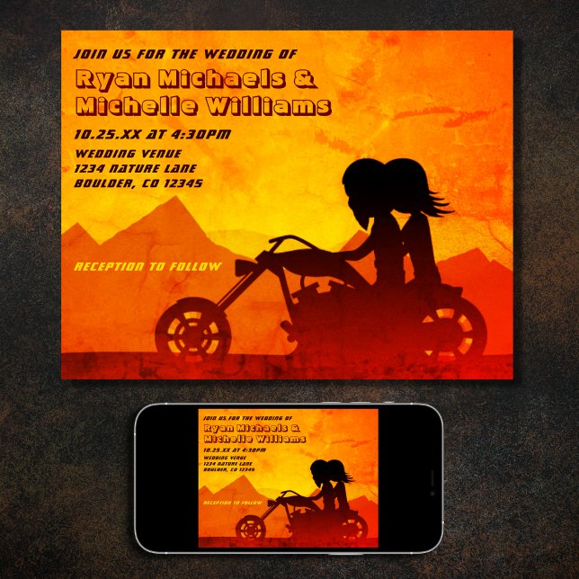 Motorcycle Couple Mountain Sunset Wedding Invitation (Printed and Digital Motorcycle Couple Mountain Sunset Wedding Invitation)