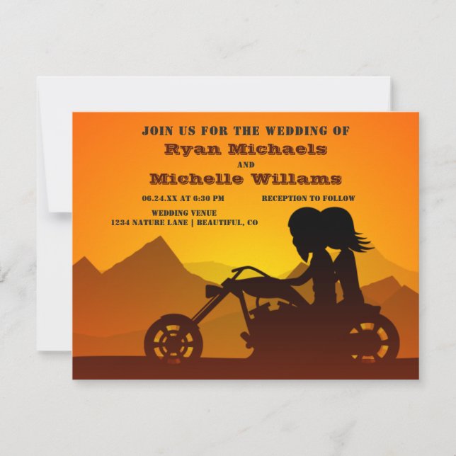 Motorcycle Couple Mountains Sunset/Sunrise Wedding Invitation (Front)