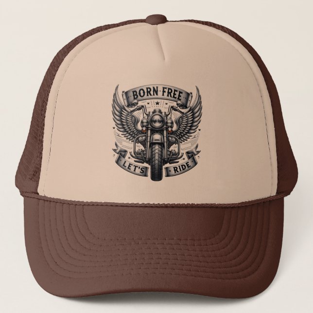 Motorcycle Design Featuring Wings and Slogans Trucker Hat (Front)