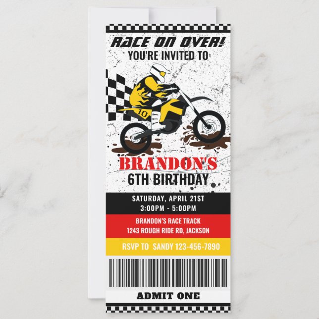 Motorcycle, dirt bike birthday ticket invitation (Front)