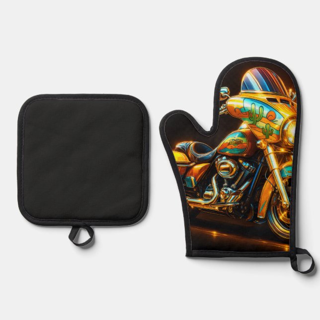 "Motorcycle Flame Ride – Oven Mitt & Pot Holder Se Set (Front)
