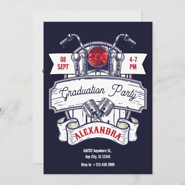 Motorcycle garage iconic graduation party invitation (Front/Back)