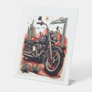 Motorcycle in Desert Cactus Western Set Pedestal Sign