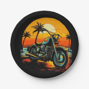 motorcycle-is-parked-beach-with-palm-trees paper plate
