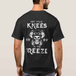 Motorcycle knees in the breeze tee printed on back