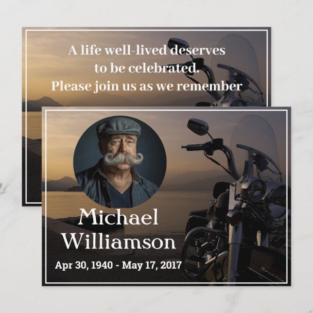 Motorcycle Near Water Photo Celebration of Life  Invitation (Front/Back)