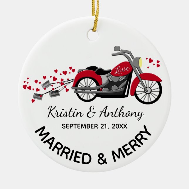 Motorcycle Newlyweds Wedding with Photo Ceramic Tree Decoration (Front)