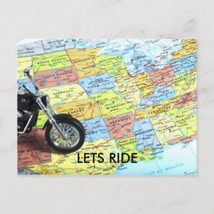Motorcycle on Map of USA, LETS RIDE Postcard