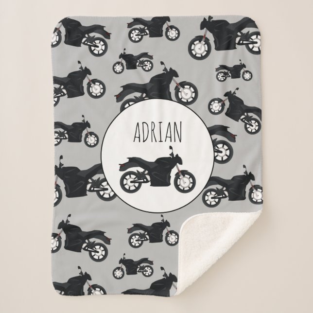 Motorcycle Pattern Customised Name Sherpa Blanket (Front)