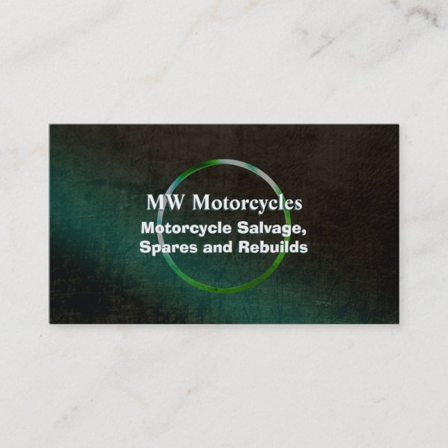 Motorcycle Rebuild, green leather-look, metal ring Business Card (Front)