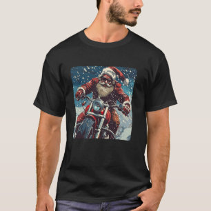 Motorcycle Santa Claus with Snow Fall for Festive T-Shirt