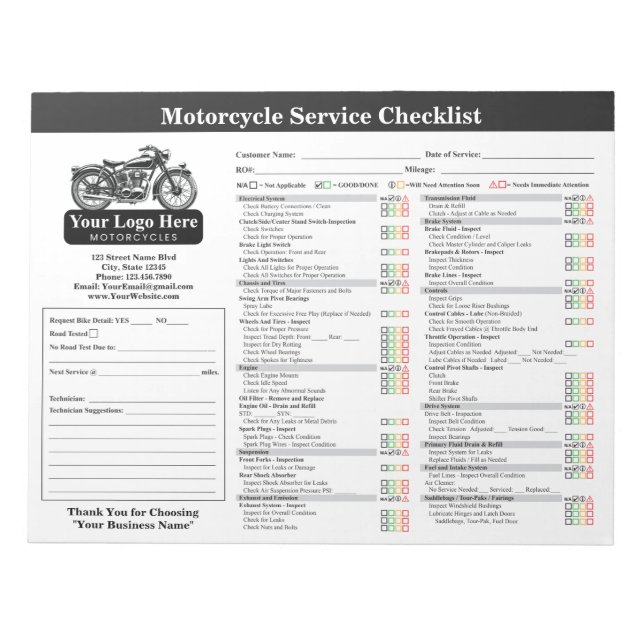 Motorcycle Service Checklist 8.5x11 Landscape Notepad (Front)