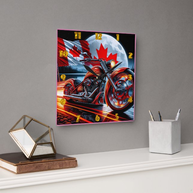 Motorcycle shines with Canadian flag at night Square Wall Clock (Office)