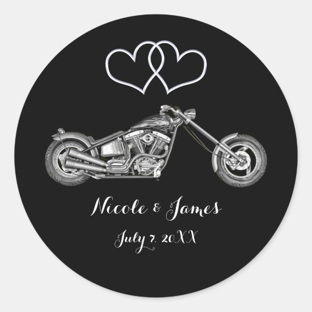 Motorcycle & Silver Hearts Biker Wedding Favour Classic Round Sticker (Front)