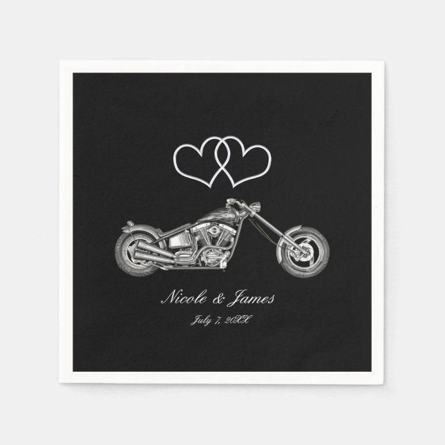 Motorcycle & Silver Hearts Biker Wedding Napkin (Front)