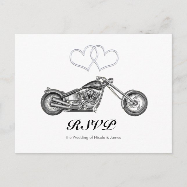 Motorcycle & Silver Hearts Biker Wedding RSVP Invitation Postcard (Front)