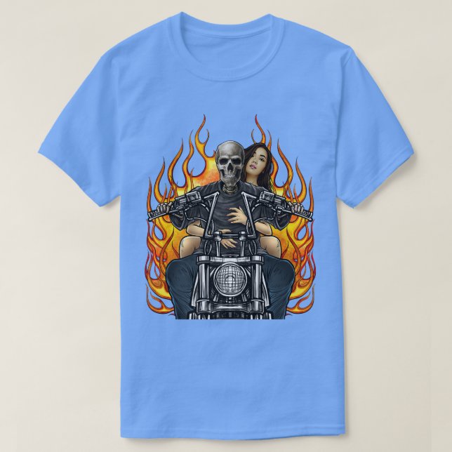 Motorcycle Skeleton Biker Babe Flames Badass Biker T-Shirt (Design Front)