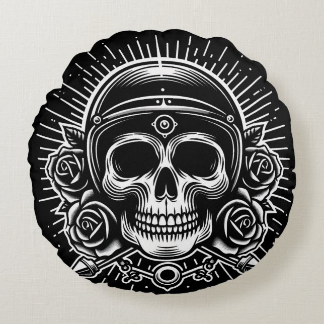 Motorcycle skull legend round cushion (Front)