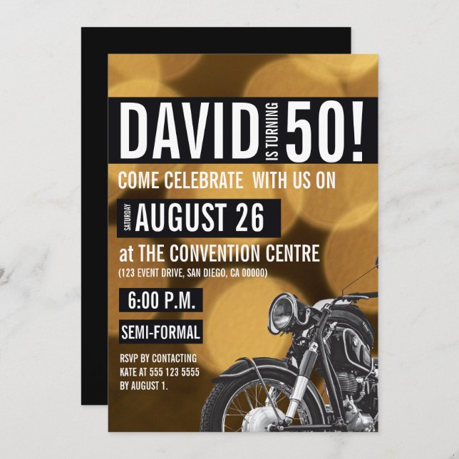 Motorcycle theme, 50th birthday, Gold and black Invitation (Front/Back)