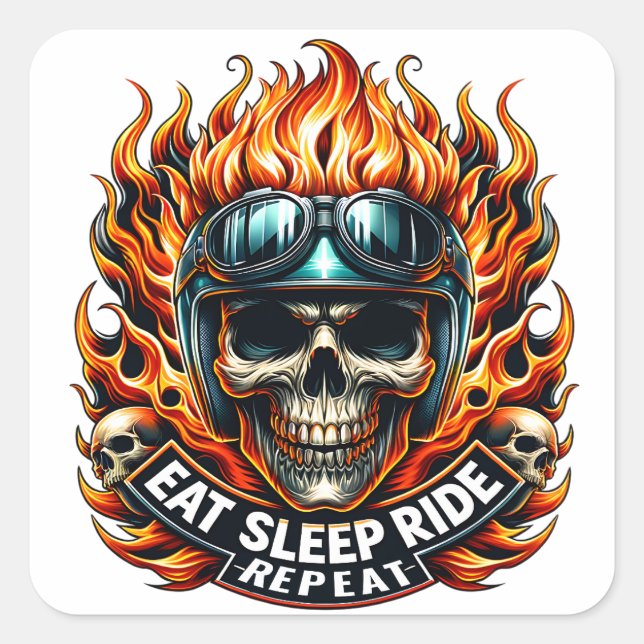 Motorcycle-Themed Skull and Flame Art Square Sticker (Front)
