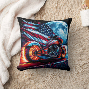 Motorcycle under full moon, American flag Cushion