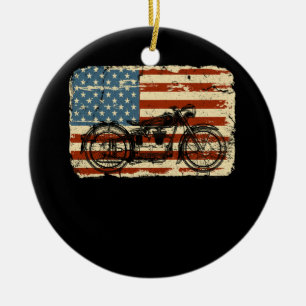 Motorcycle USA Flag patriotic vintage July 4th Ceramic Tree Decoration