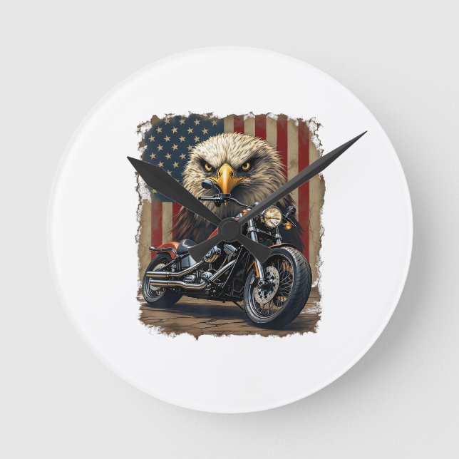 Motorcycle USA Flag Retro Biker Chopper Round Clock (Front)