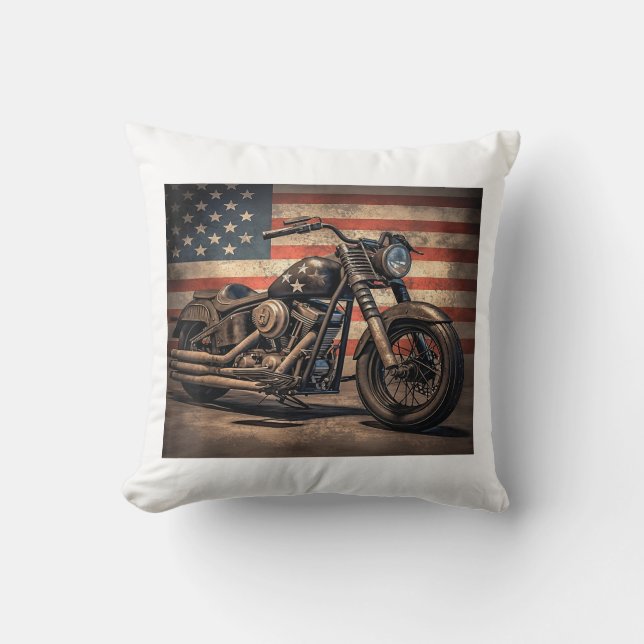Motorcycle USA Flag Retro Biker Cushion (Front)