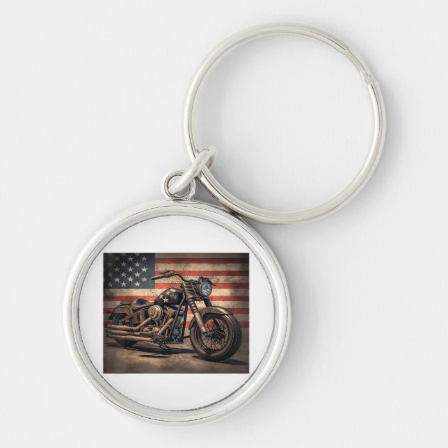 Motorcycle USA Flag Retro Biker Key Ring (Front)