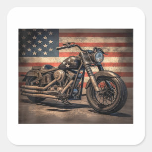 Motorcycle USA Flag Retro Biker Square Sticker