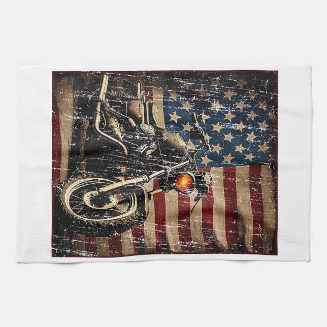 Motorcycle USA Flag Retro Biker Tea Towel (Horizontal)