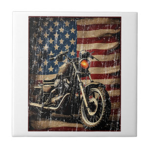 Motorcycle USA Flag Retro Biker Tile