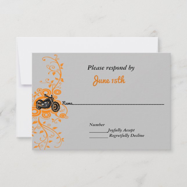 Motorcycle Wedding Grey, Orange, Black RSVP Invitation (Front)