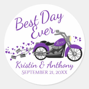 Motorcycle Wedding Purple and Grey Classic Round Sticker