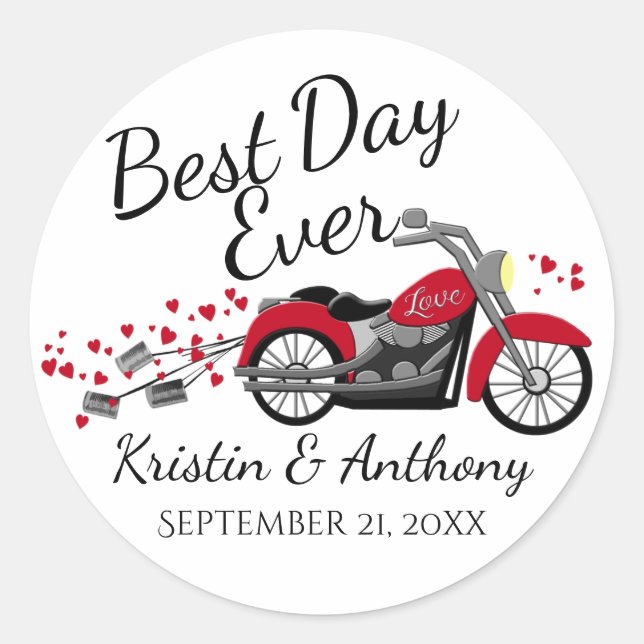 Motorcycle Wedding Red and Grey Classic Round Sticker (Front)