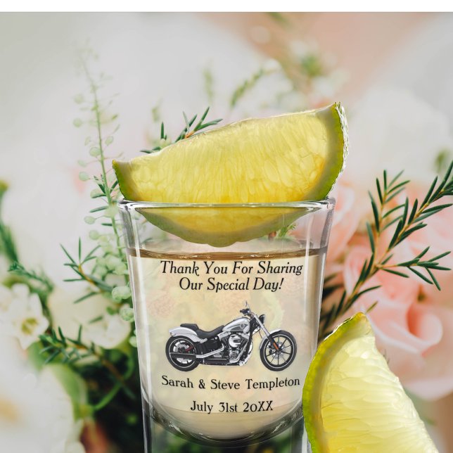 Motorcycle Wedding Thank You Date Names Shot Glass (Creator Uploaded)