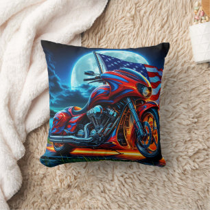 Motorcycle with American flag under a full moon Cushion