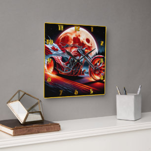 Motorcycle with Canadian flag by moon Square Wall Clock