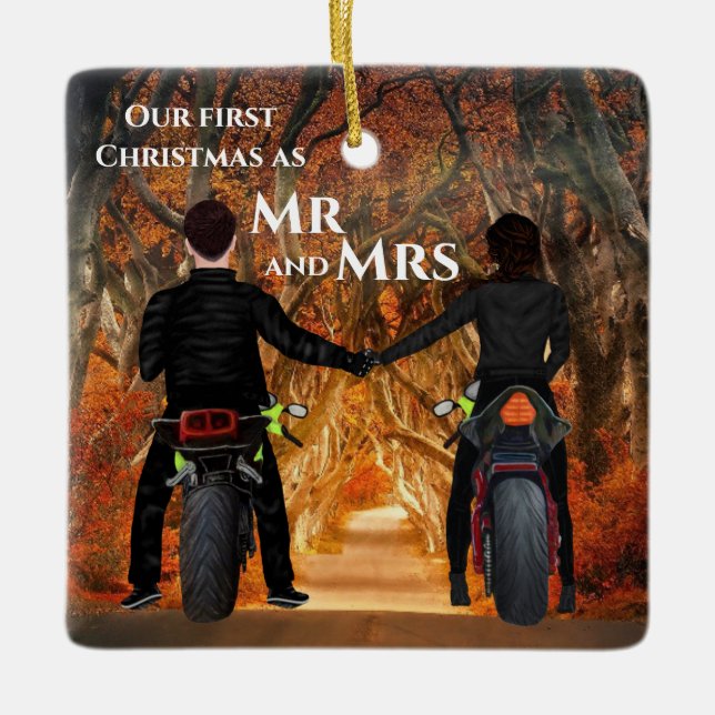 Motorcycles Autumn Forest Couples First Christmas Ceramic Ornament (Front)