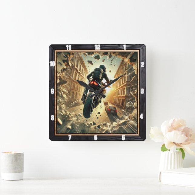 Motorcyclist Breaking Through Wall in Urban Sunset Square Wall Clock (Home)