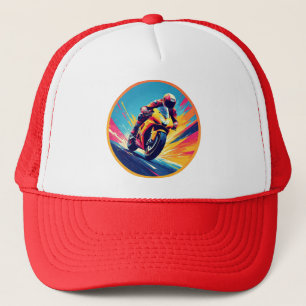Motorcyclist Racing Dynamic Illustration Trucker Hat