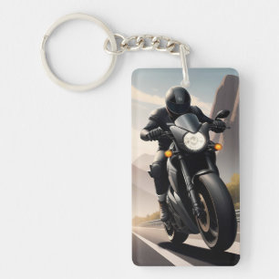 Motorcyclist Riding High-Performance Bike Key Ring