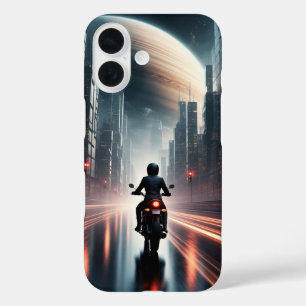 Motorcyclist Riding in Futuristic City with Planet iPhone 16 Case
