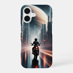 Motorcyclist Riding in Futuristic City with Planet iPhone 16 Case