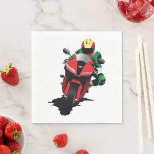 Motorcyclist Riding Red Sportbike Napkin
