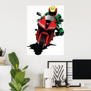 Motorcyclist Riding Red Sportbike Poster