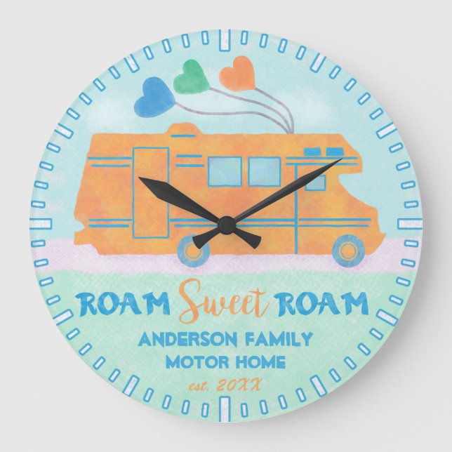 Motorhome RV Camper Sweet Roam Personalised Name Large Clock (Front)